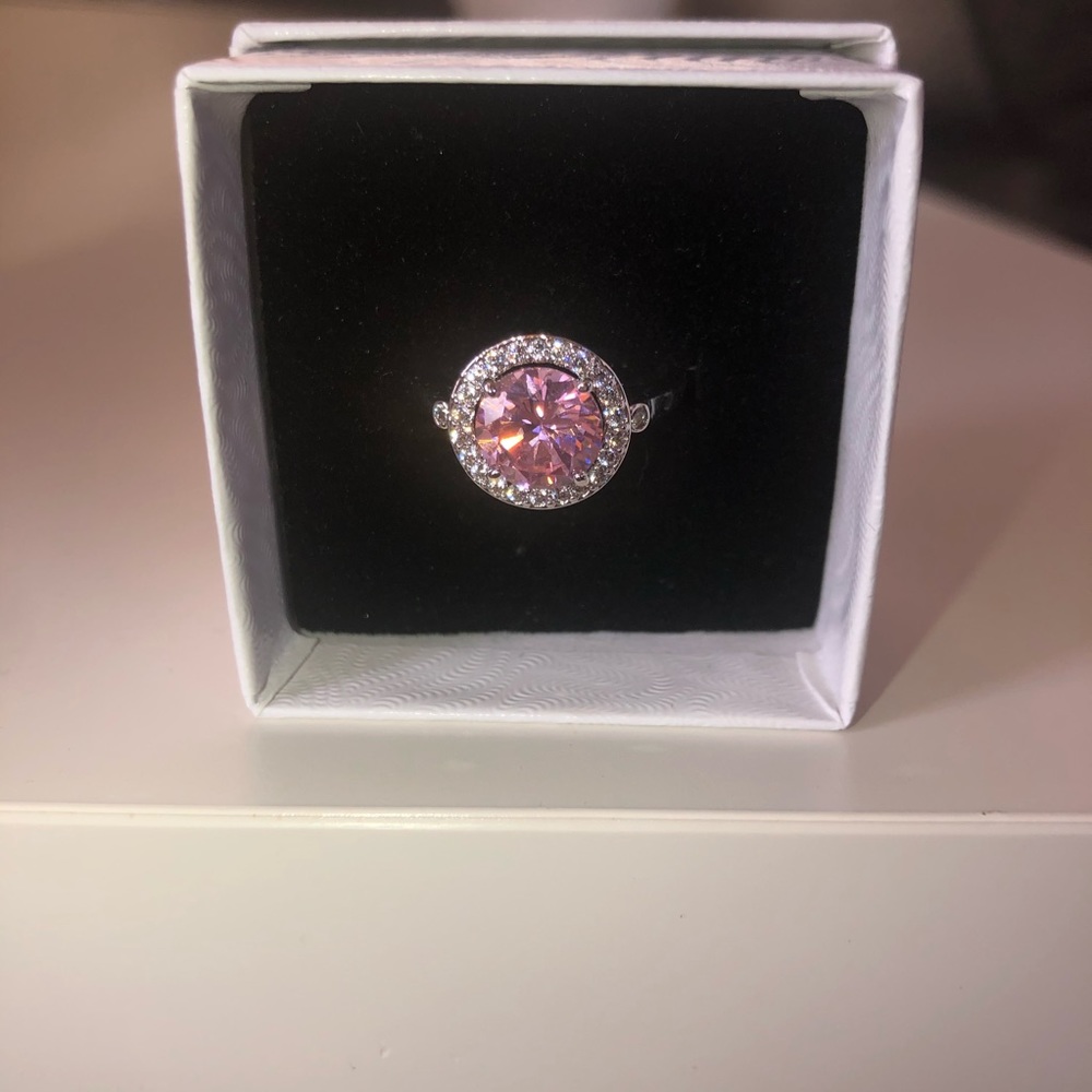 Silver Pink stone ring with cubic zirconia accents